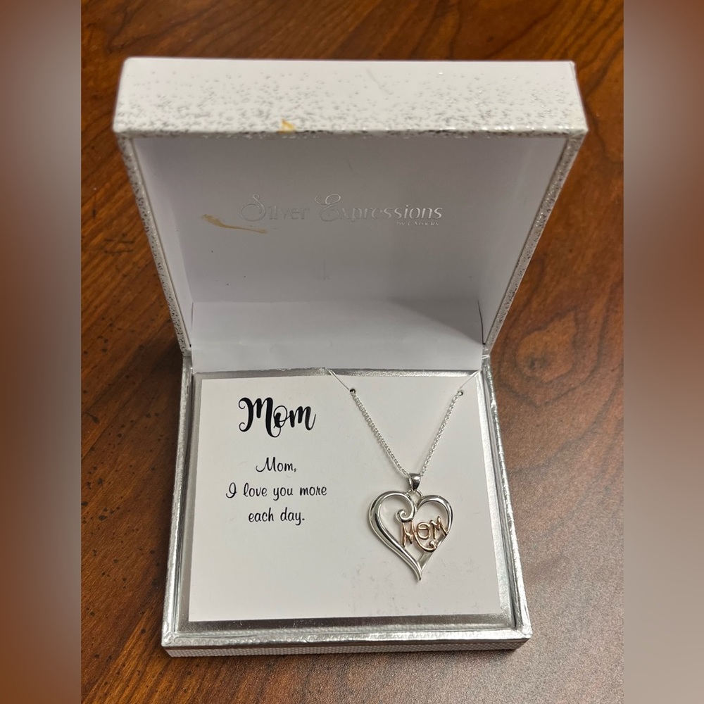 Mom Fine Silver Plated Heart Necklace in Box